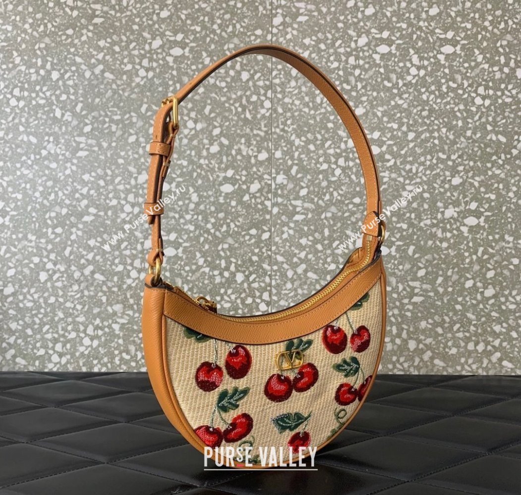 Valentino VLogo Signature mini hobo bag in jacquard raffia starw with Cherryfic motif Beige 2025 6203 (LKF-250805005)