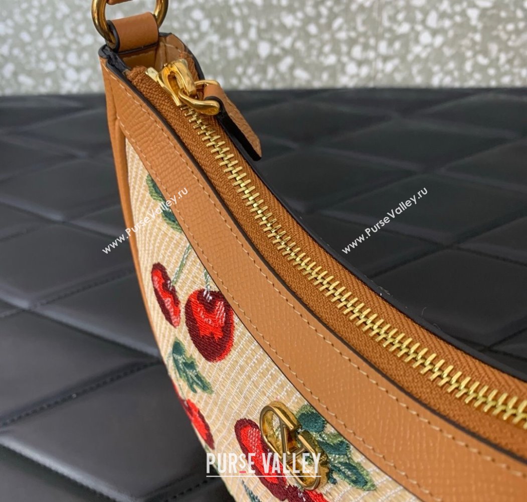 Valentino VLogo Signature mini hobo bag in jacquard raffia starw with Cherryfic motif Beige 2025 6203 (LKF-250805005)