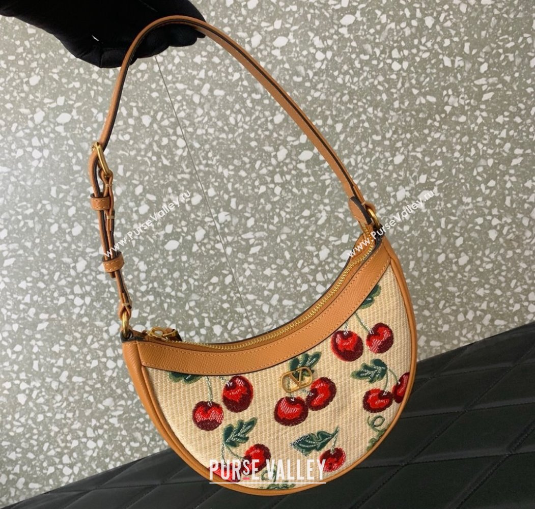 Valentino VLogo Signature mini hobo bag in jacquard raffia starw with Cherryfic motif Beige 2025 6203 (LKF-250805005)