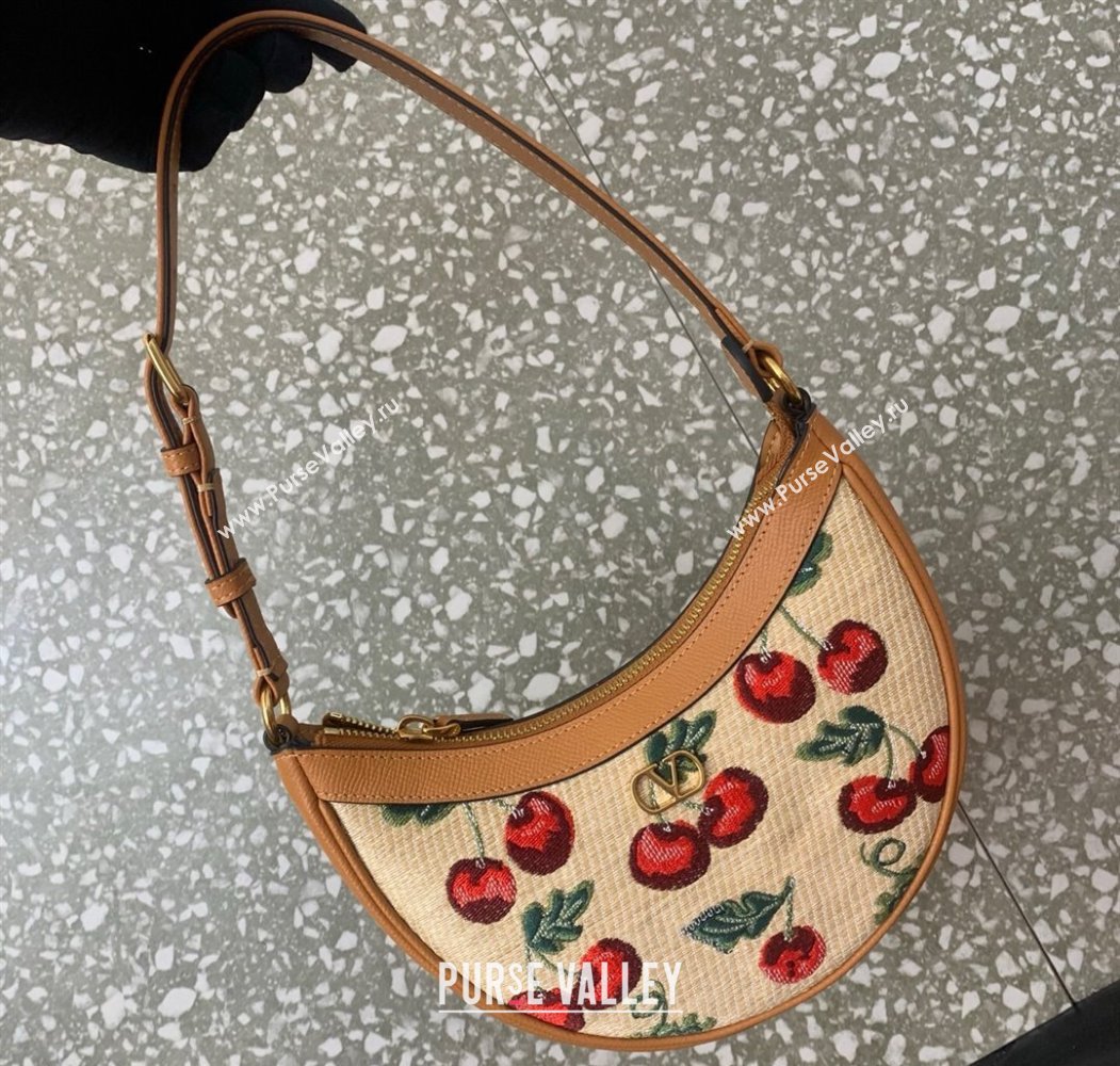 Valentino VLogo Signature mini hobo bag in jacquard raffia starw with Cherryfic motif Beige 2025 6203 (LKF-250805005)