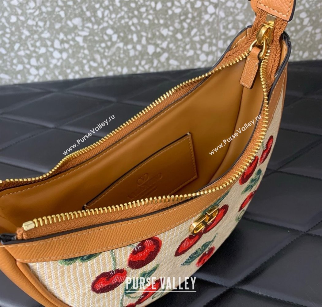 Valentino VLogo Signature mini hobo bag in jacquard raffia starw with Cherryfic motif Beige 2025 6203 (LKF-250805005)