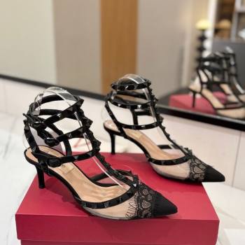 Valentino Rockstud Pumps 6.5cm in Mesh and Lace with Triple Strap Black 2025 (MD-250821108)