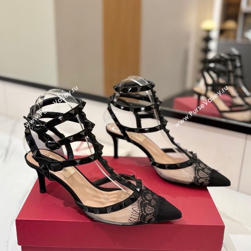 Valentino Rockstud Pumps 6.5cm in Mesh and Lace with Triple Strap Black 2025 (MD-250821108)