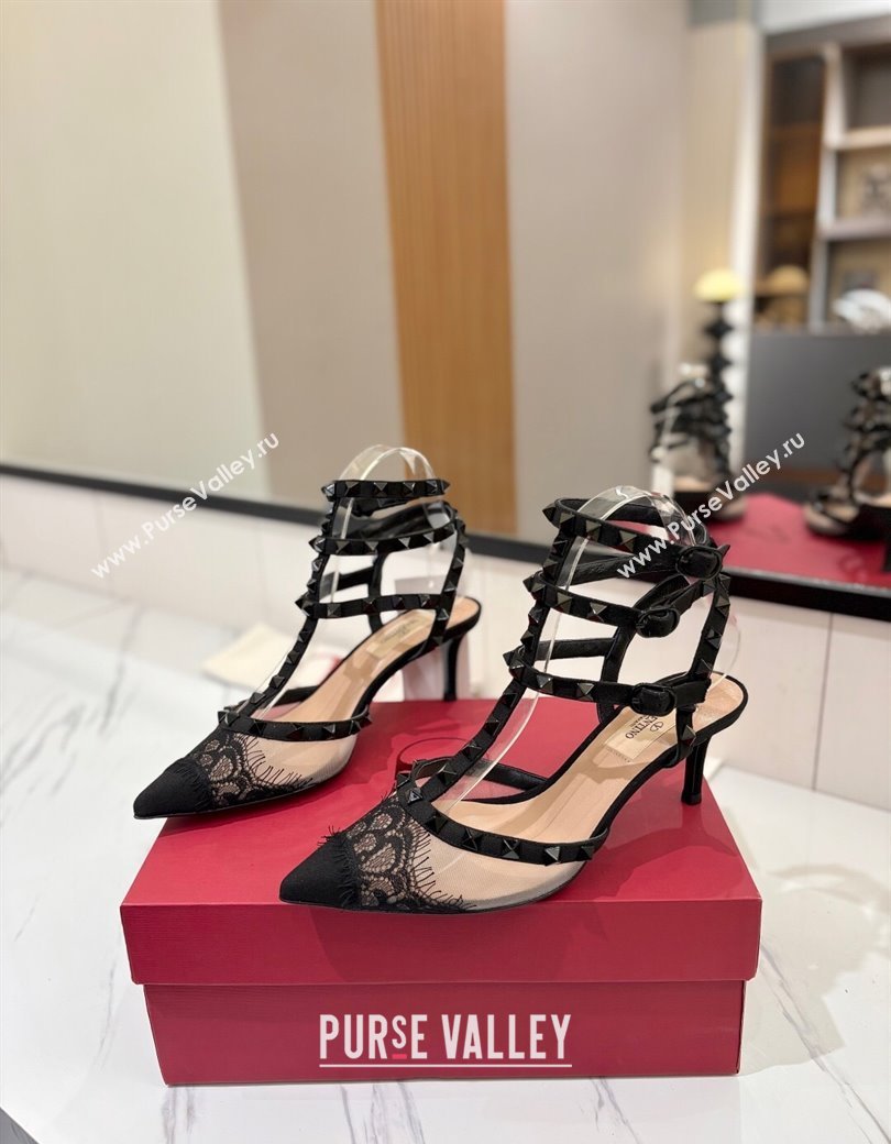 Valentino Rockstud Pumps 6.5cm in Mesh and Lace with Triple Strap Black 2025 (MD-250821108)