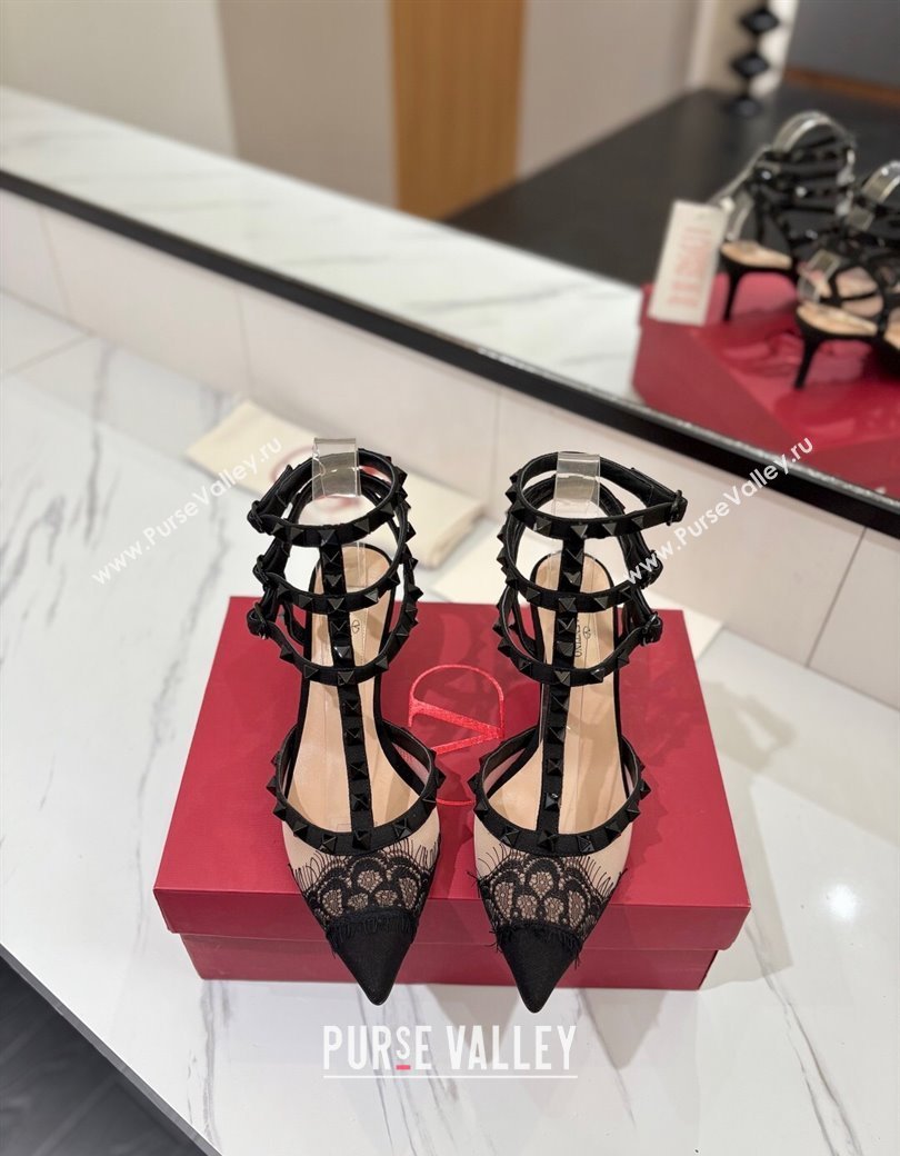 Valentino Rockstud Pumps 6.5cm in Mesh and Lace with Triple Strap Black 2025 (MD-250821108)