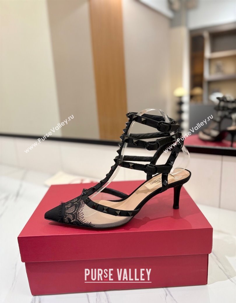 Valentino Rockstud Pumps 6.5cm in Mesh and Lace with Triple Strap Black 2025 (MD-250821108)