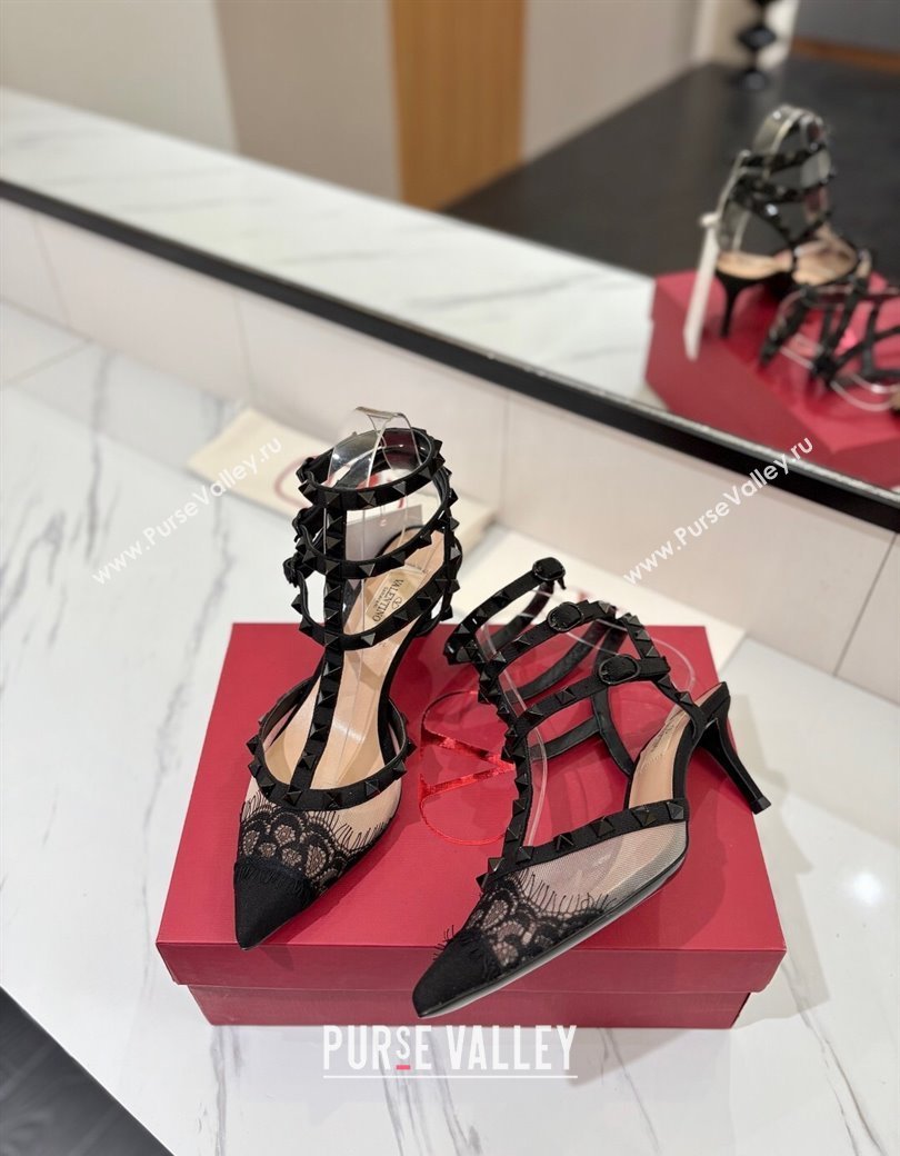 Valentino Rockstud Pumps 6.5cm in Mesh and Lace with Triple Strap Black 2025 (MD-250821108)