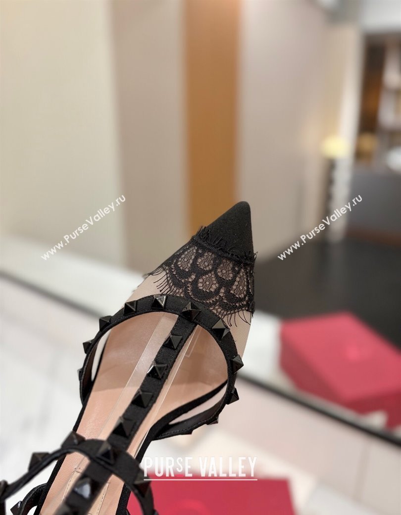 Valentino Rockstud Pumps 6.5cm in Mesh and Lace with Triple Strap Black 2025 (MD-250821108)