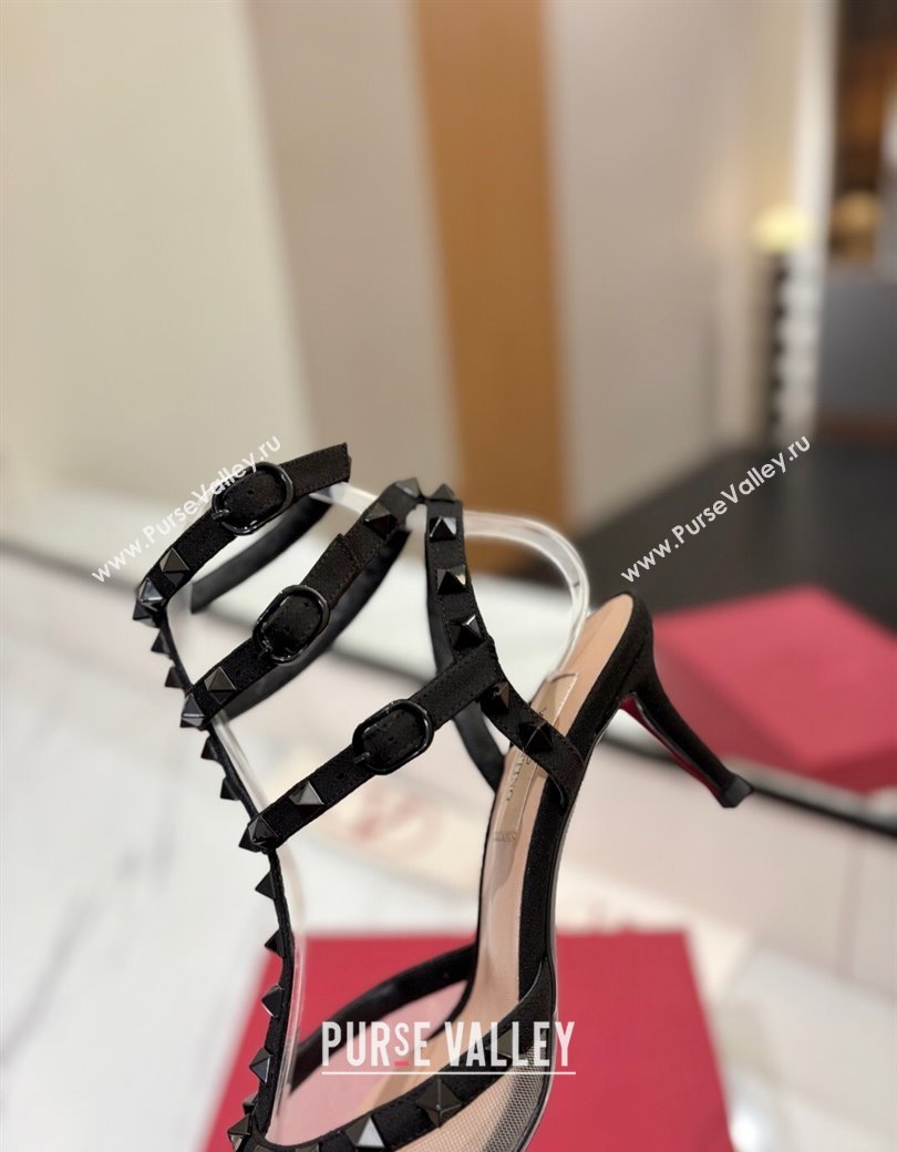 Valentino Rockstud Pumps 6.5cm in Mesh and Lace with Triple Strap Black 2025 (MD-250821108)