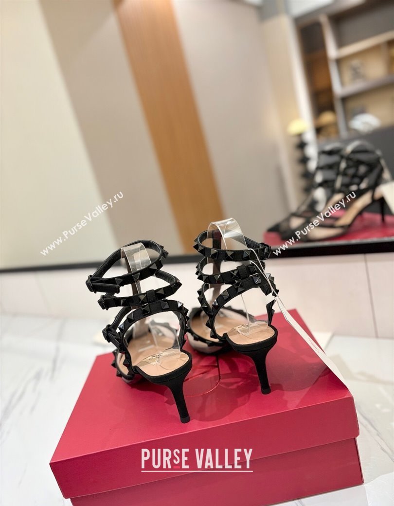 Valentino Rockstud Pumps 6.5cm in Mesh and Lace with Triple Strap Black 2025 (MD-250821108)