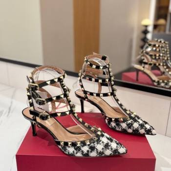 Valentino Rockstud Pumps 6.5cm in Tweed with Triple Strap Black/White 2025 (MD-250821109)