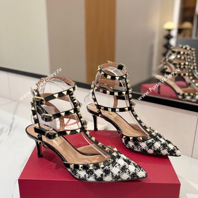 Valentino Rockstud Pumps 6.5cm in Tweed with Triple Strap Black/White 2025 (MD-250821109)
