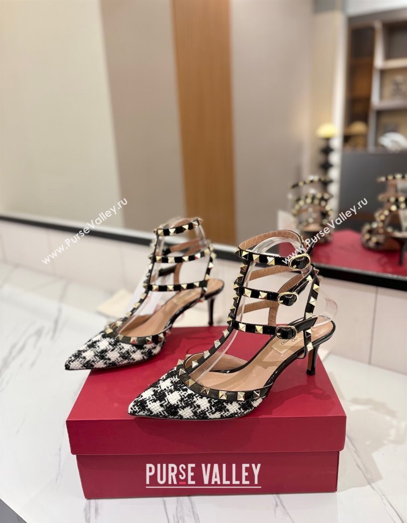 Valentino Rockstud Pumps 6.5cm in Tweed with Triple Strap Black/White 2025 (MD-250821109)
