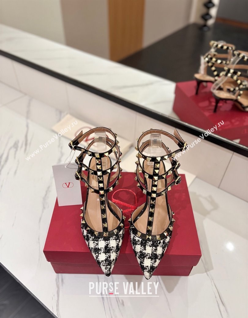 Valentino Rockstud Pumps 6.5cm in Tweed with Triple Strap Black/White 2025 (MD-250821109)