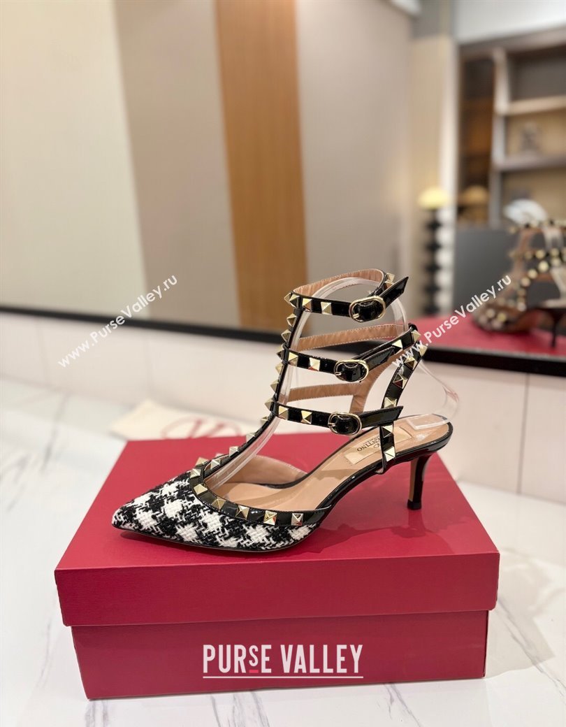 Valentino Rockstud Pumps 6.5cm in Tweed with Triple Strap Black/White 2025 (MD-250821109)