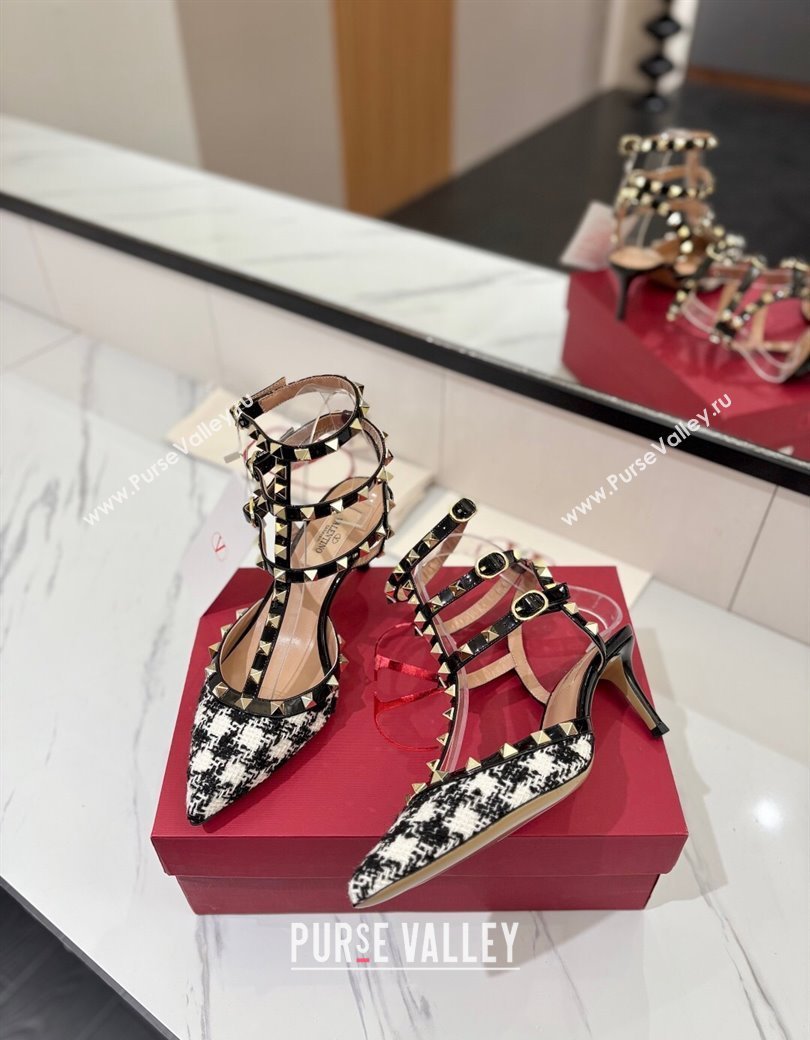 Valentino Rockstud Pumps 6.5cm in Tweed with Triple Strap Black/White 2025 (MD-250821109)