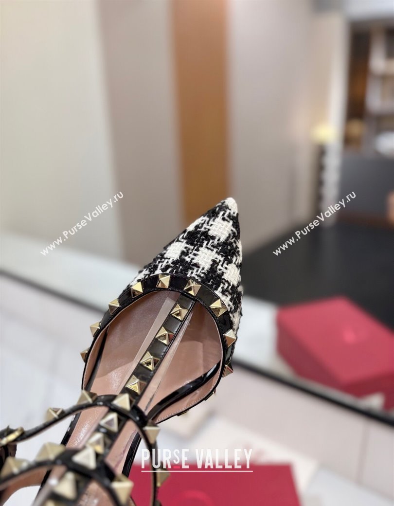 Valentino Rockstud Pumps 6.5cm in Tweed with Triple Strap Black/White 2025 (MD-250821109)