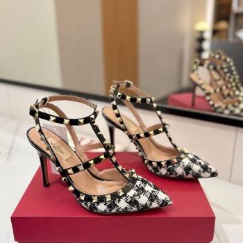 Valentino Rockstud Pumps 10cm in Tweed with Double Strap Black/White 2025 (MD-250821110)