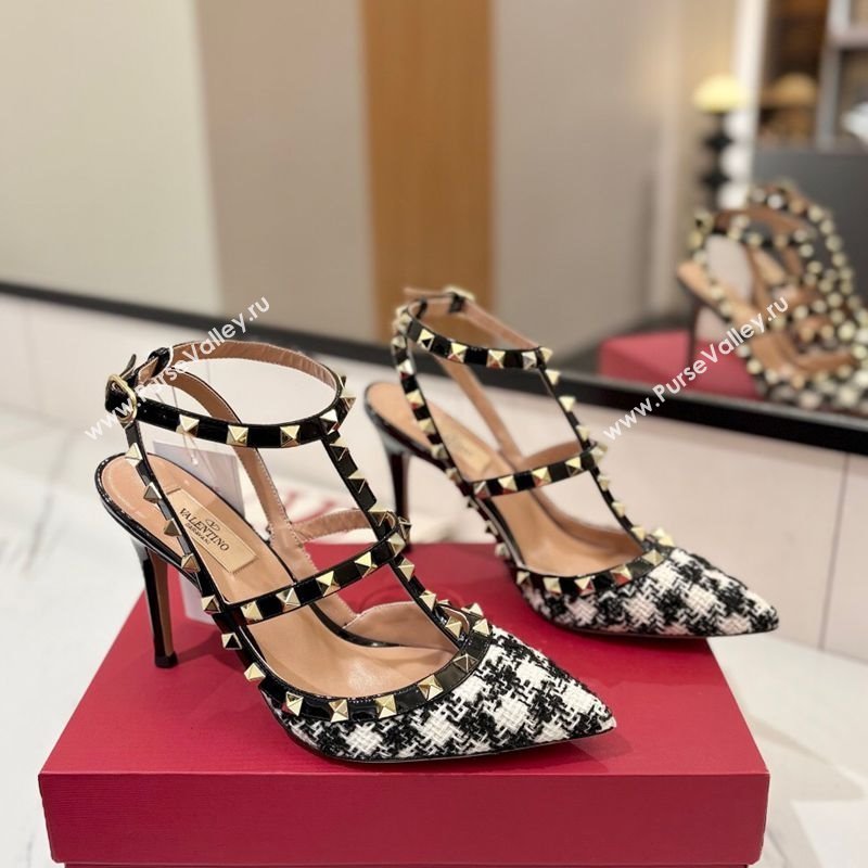 Valentino Rockstud Pumps 10cm in Tweed with Double Strap Black/White 2025 (MD-250821110)