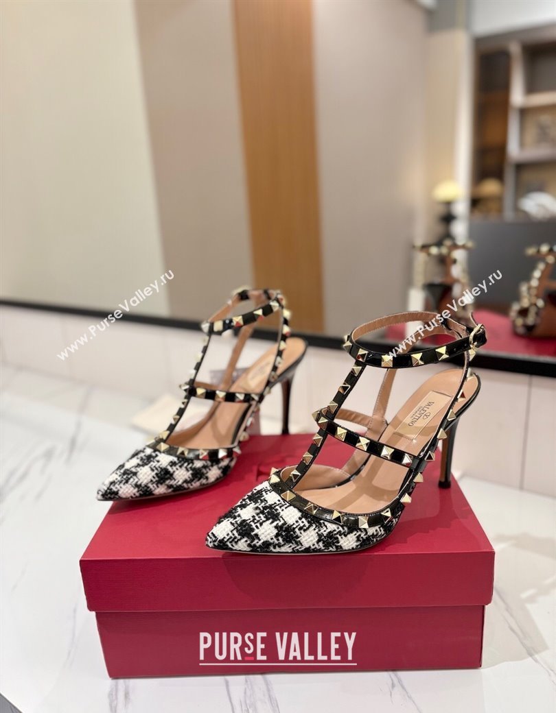 Valentino Rockstud Pumps 10cm in Tweed with Double Strap Black/White 2025 (MD-250821110)