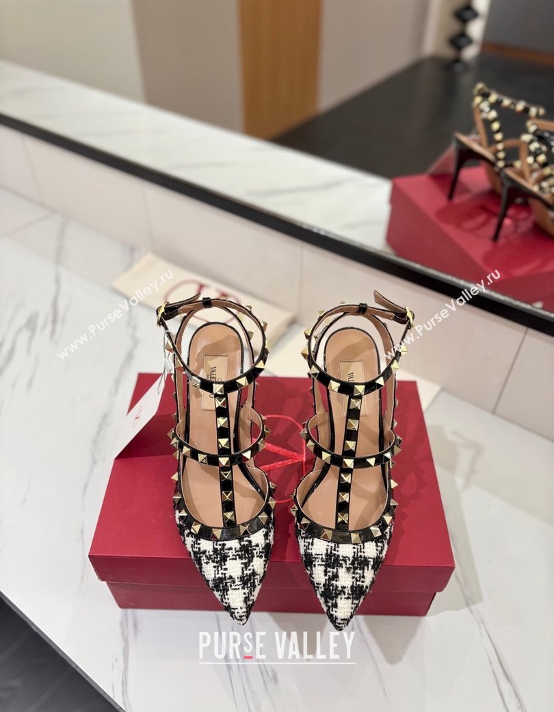 Valentino Rockstud Pumps 10cm in Tweed with Double Strap Black/White 2025 (MD-250821110)