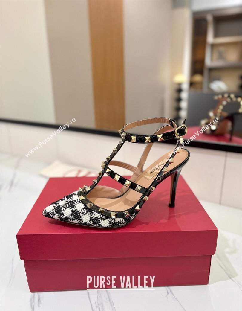Valentino Rockstud Pumps 10cm in Tweed with Double Strap Black/White 2025 (MD-250821110)
