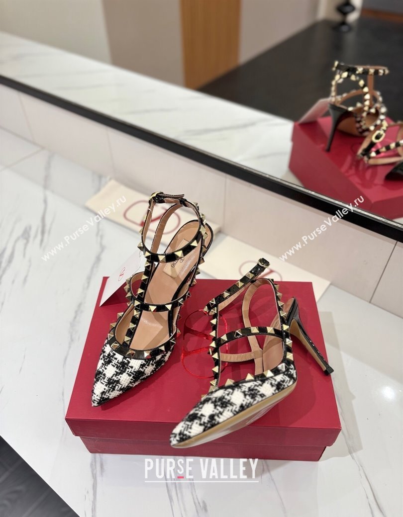 Valentino Rockstud Pumps 10cm in Tweed with Double Strap Black/White 2025 (MD-250821110)