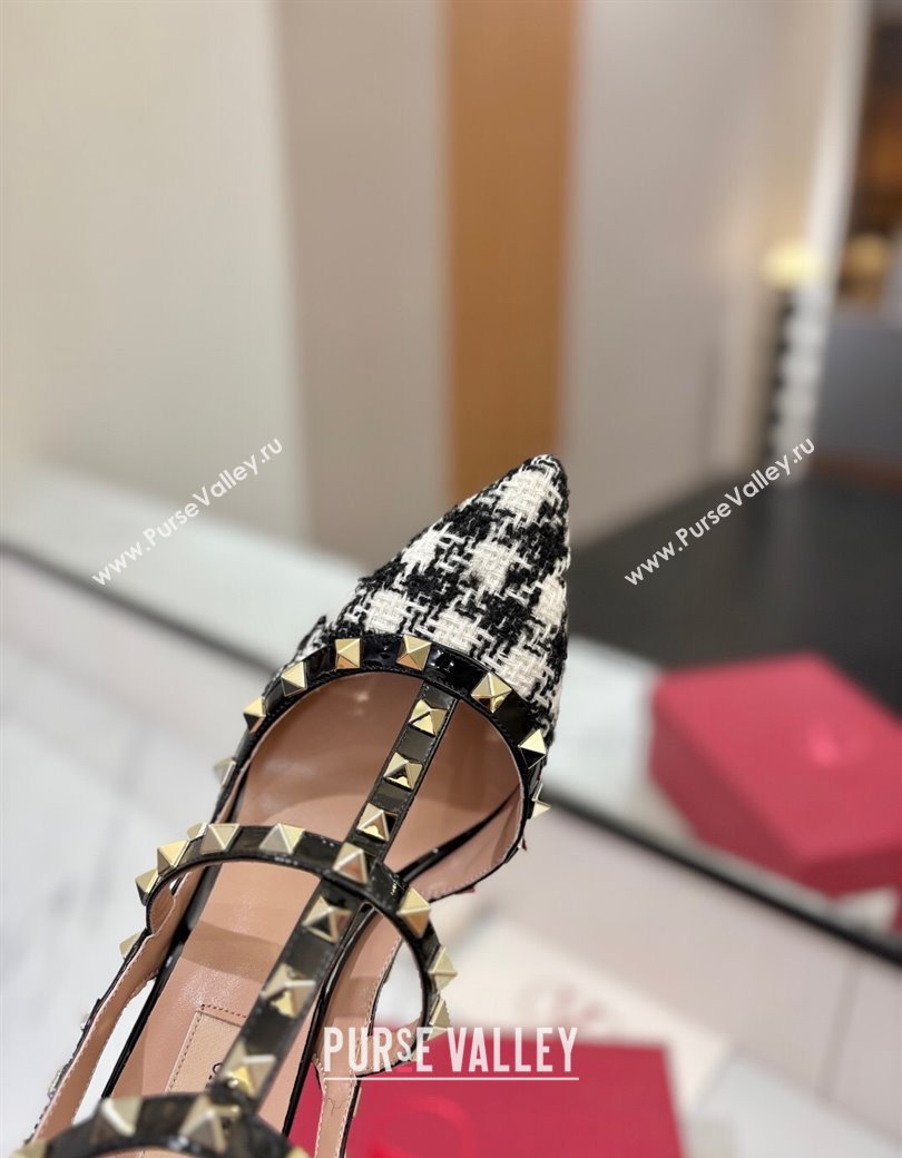 Valentino Rockstud Pumps 10cm in Tweed with Double Strap Black/White 2025 (MD-250821110)
