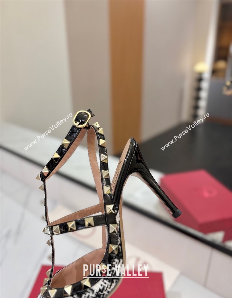 Valentino Rockstud Pumps 10cm in Tweed with Double Strap Black/White 2025 (MD-250821110)