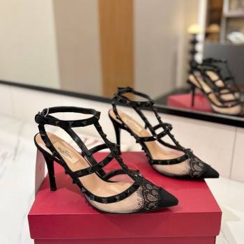 Valentino Rockstud Pumps 10cm in Mesh and Lace with Double Strap Black 2025 (MD-250821111)