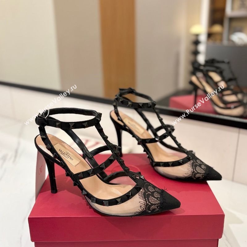 Valentino Rockstud Pumps 10cm in Mesh and Lace with Double Strap Black 2025 (MD-250821111)