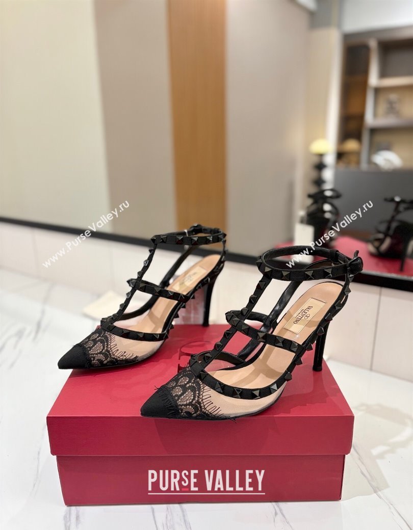 Valentino Rockstud Pumps 10cm in Mesh and Lace with Double Strap Black 2025 (MD-250821111)