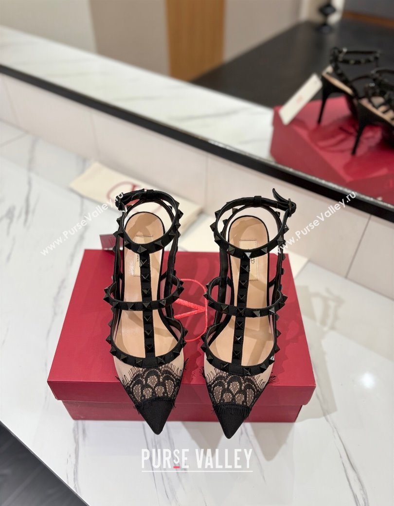Valentino Rockstud Pumps 10cm in Mesh and Lace with Double Strap Black 2025 (MD-250821111)