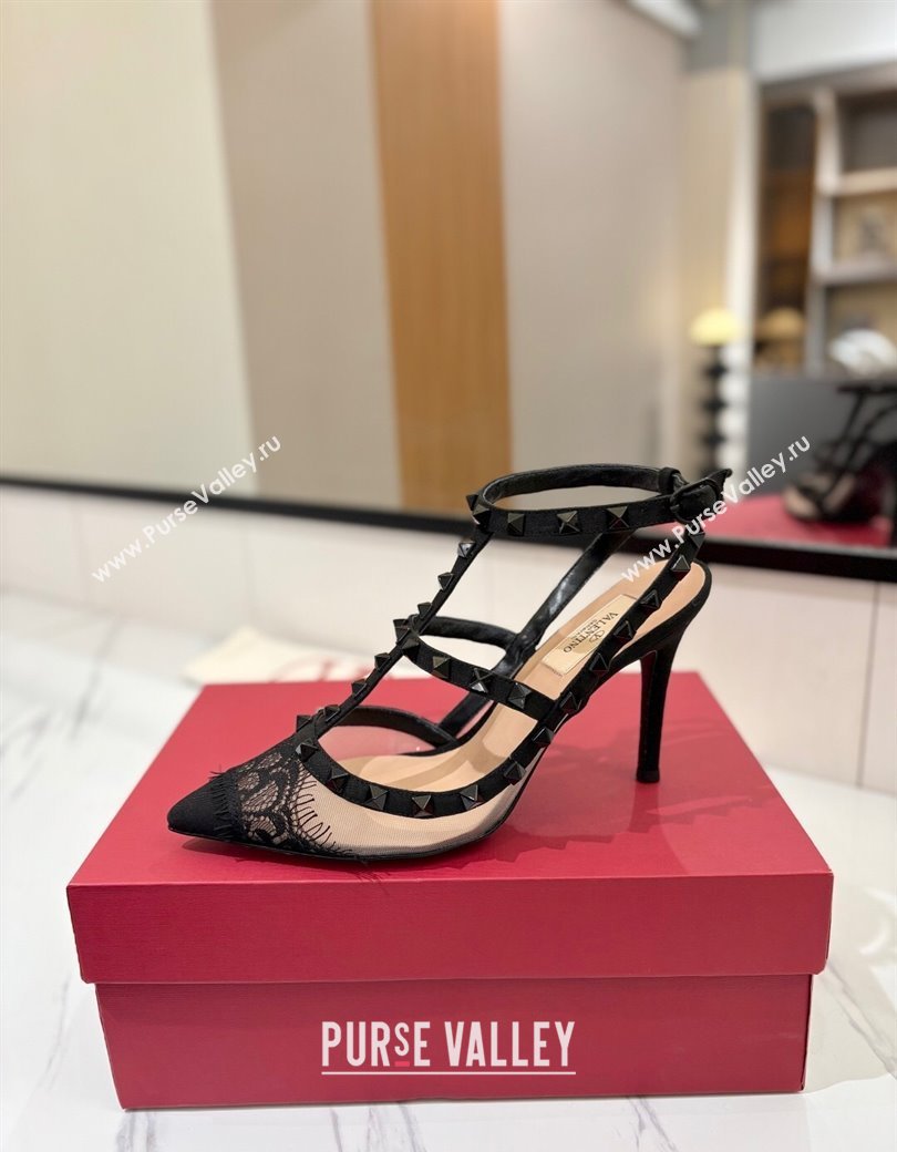 Valentino Rockstud Pumps 10cm in Mesh and Lace with Double Strap Black 2025 (MD-250821111)