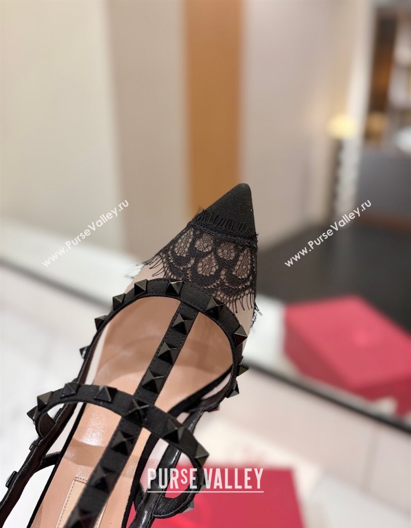 Valentino Rockstud Pumps 10cm in Mesh and Lace with Double Strap Black 2025 (MD-250821111)