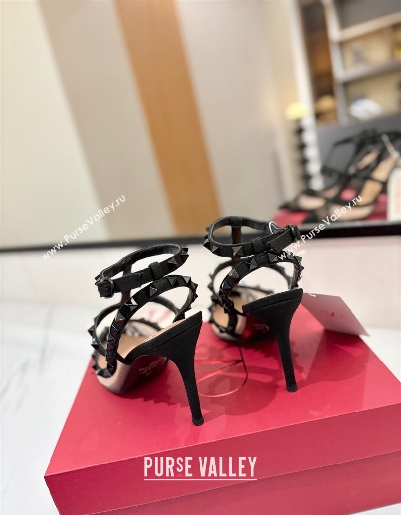 Valentino Rockstud Pumps 10cm in Mesh and Lace with Double Strap Black 2025 (MD-250821111)