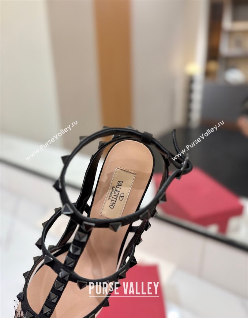 Valentino Rockstud Pumps 10cm in Mesh and Lace with Double Strap Black 2025 (MD-250821111)