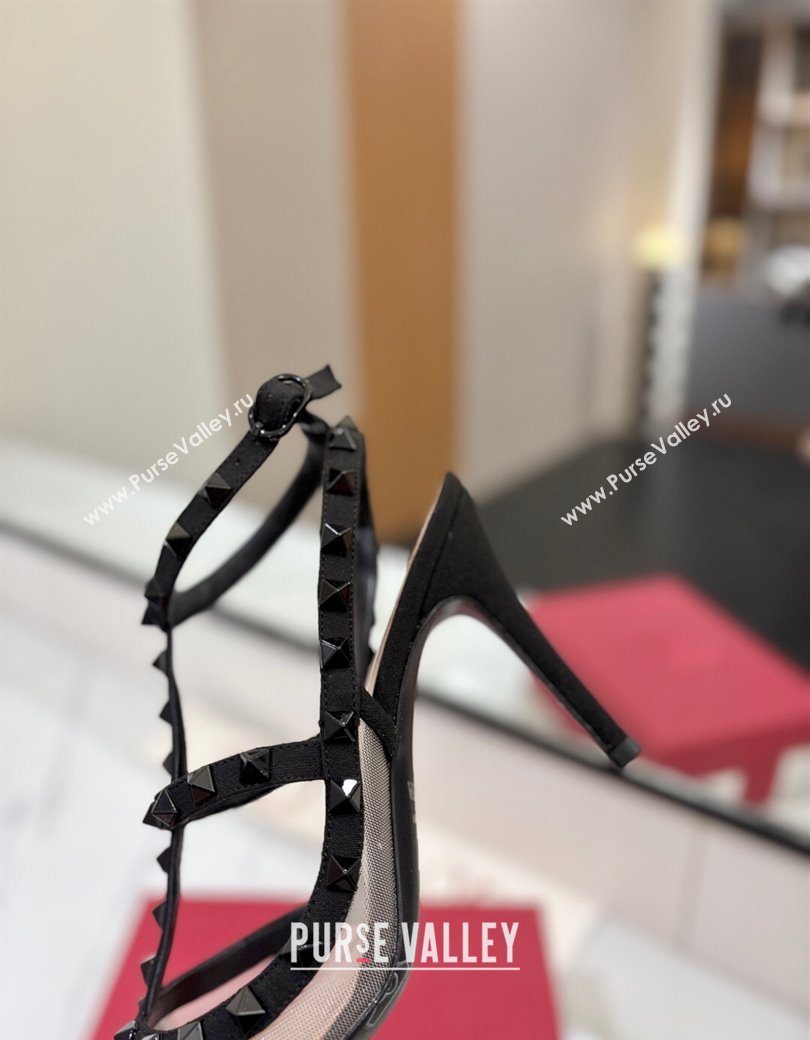 Valentino Rockstud Pumps 10cm in Mesh and Lace with Double Strap Black 2025 (MD-250821111)