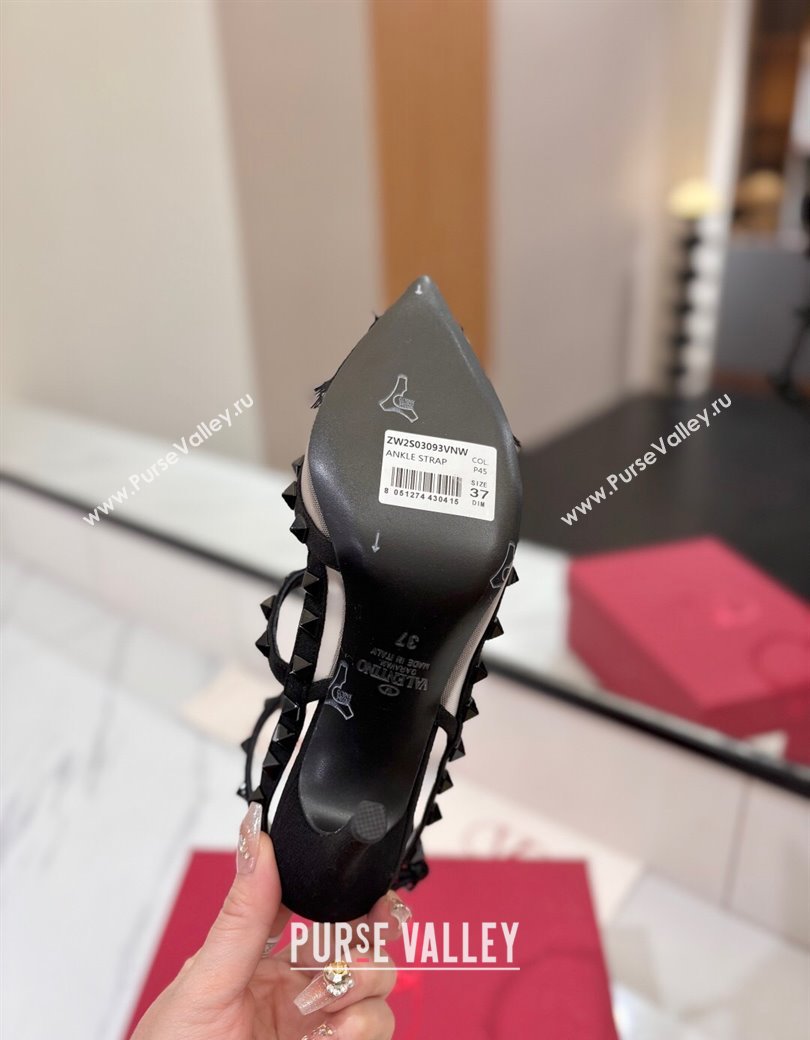 Valentino Rockstud Pumps 10cm in Mesh and Lace with Double Strap Black 2025 (MD-250821111)