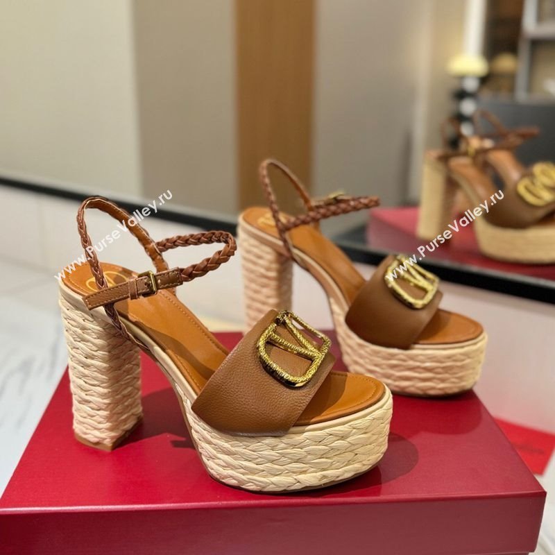 Valentino VLogo Grainy Calfskin Platform Sandals 11.5cm Brown/Gold 2025 VA082112 (MD-250821116)