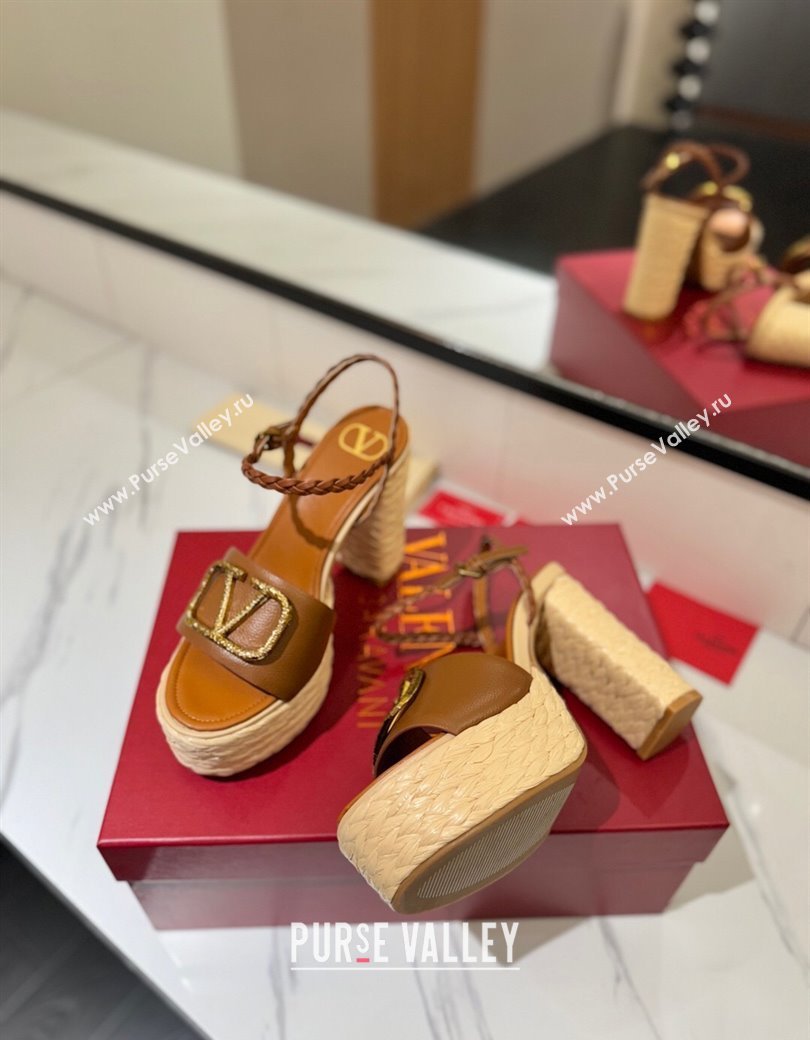 Valentino VLogo Grainy Calfskin Platform Sandals 11.5cm Brown/Gold 2025 VA082112 (MD-250821116)