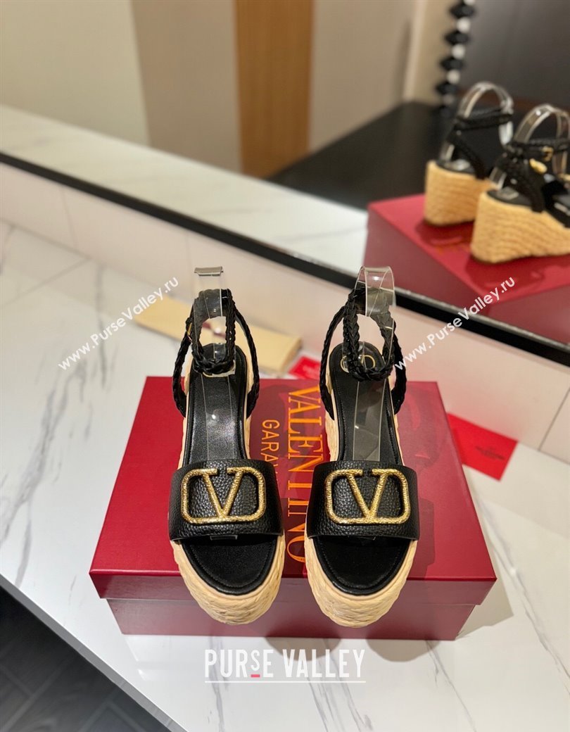 Valentino VLogo Grainy Calfskin Wedge Sandals 9cm Black/Gold 2025 VA082113 (MD-250821125)