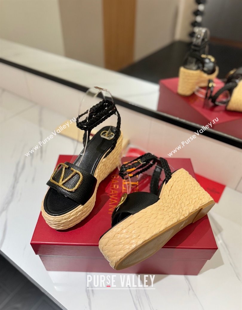 Valentino VLogo Grainy Calfskin Wedge Sandals 9cm Black/Gold 2025 VA082113 (MD-250821125)