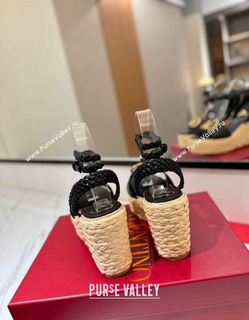 Valentino VLogo Grainy Calfskin Wedge Sandals 9cm Black/Gold 2025 VA082113 (MD-250821125)