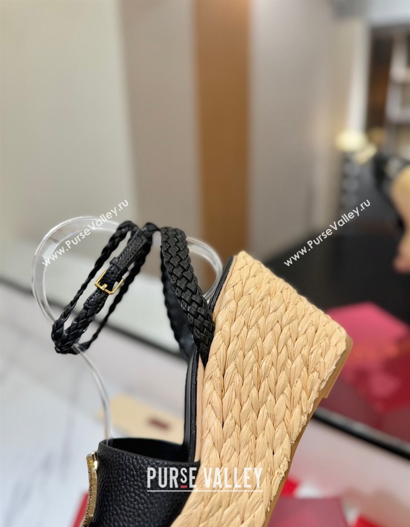 Valentino VLogo Grainy Calfskin Wedge Sandals 9cm Black/Gold 2025 VA082113 (MD-250821125)