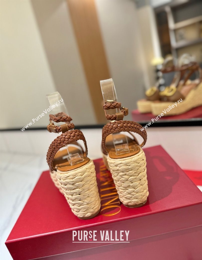 Valentino VLogo Grainy Calfskin Wedge Sandals 9cm Brown/Gold 2025 VA082113 (MD-250821127)