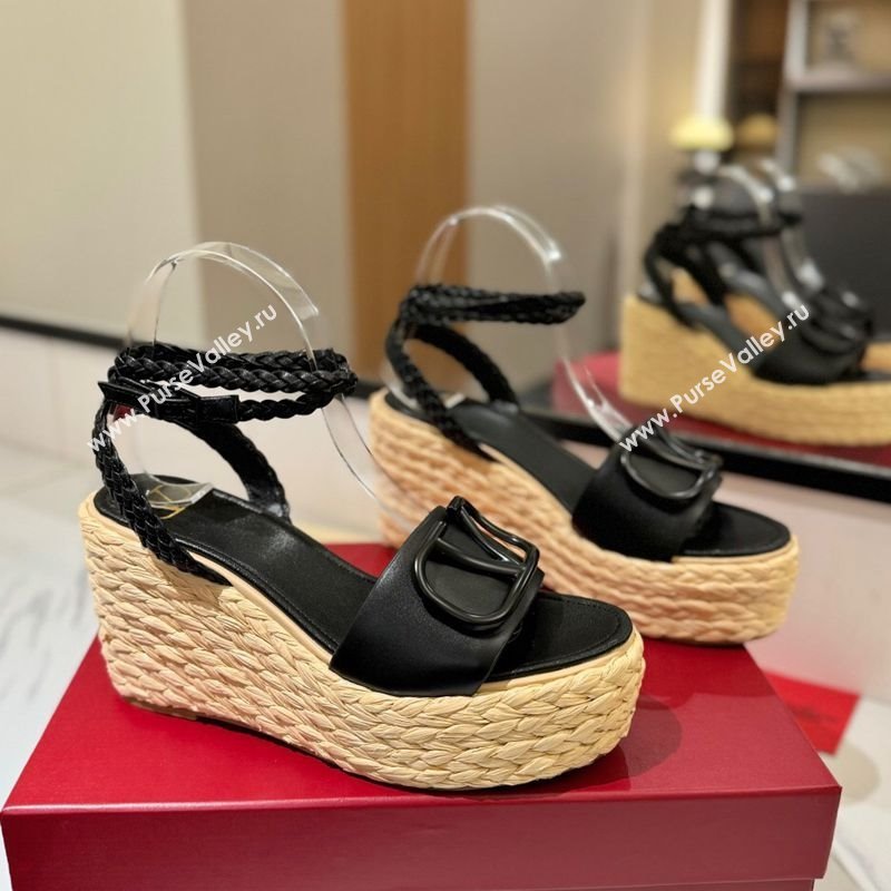 Valentino VLogo Calfskin Leather Wedge Sandals 9cm Black 2025 VA082113 (MD-250821133)