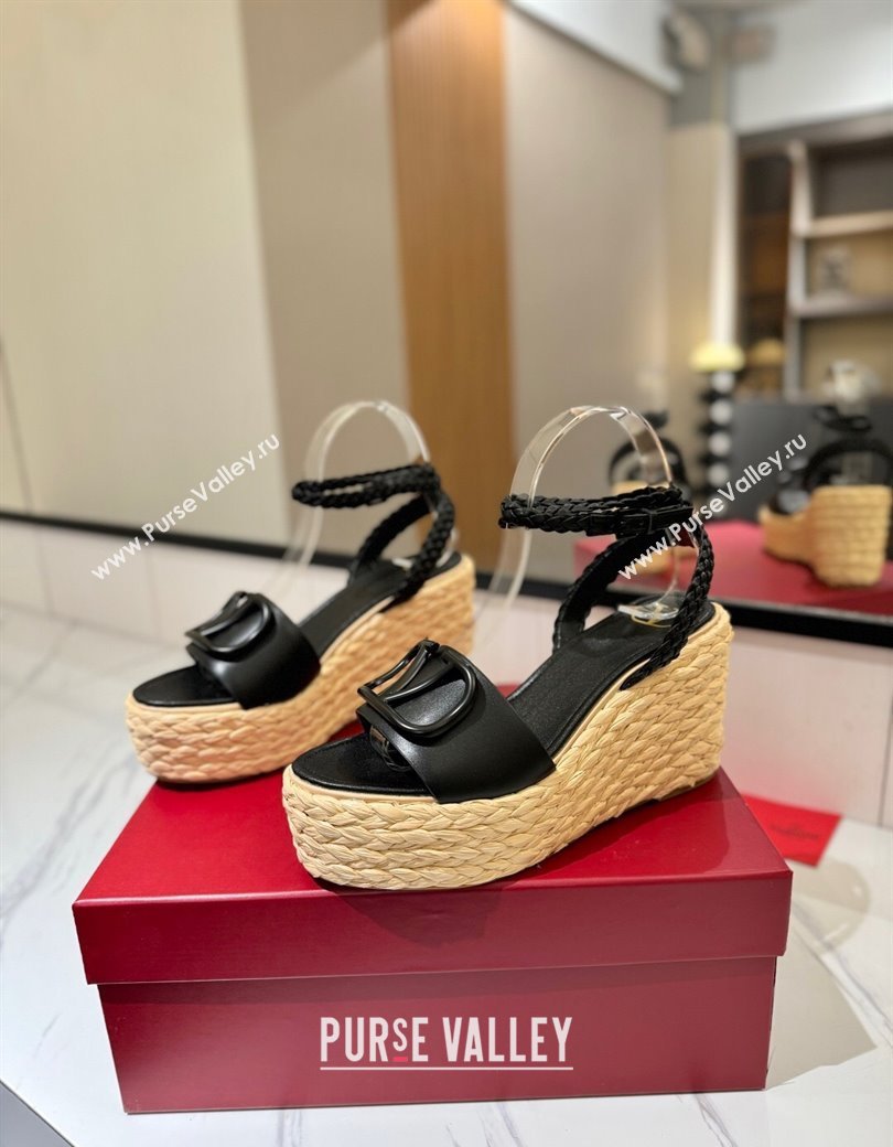 Valentino VLogo Calfskin Leather Wedge Sandals 9cm Black 2025 VA082113 (MD-250821133)