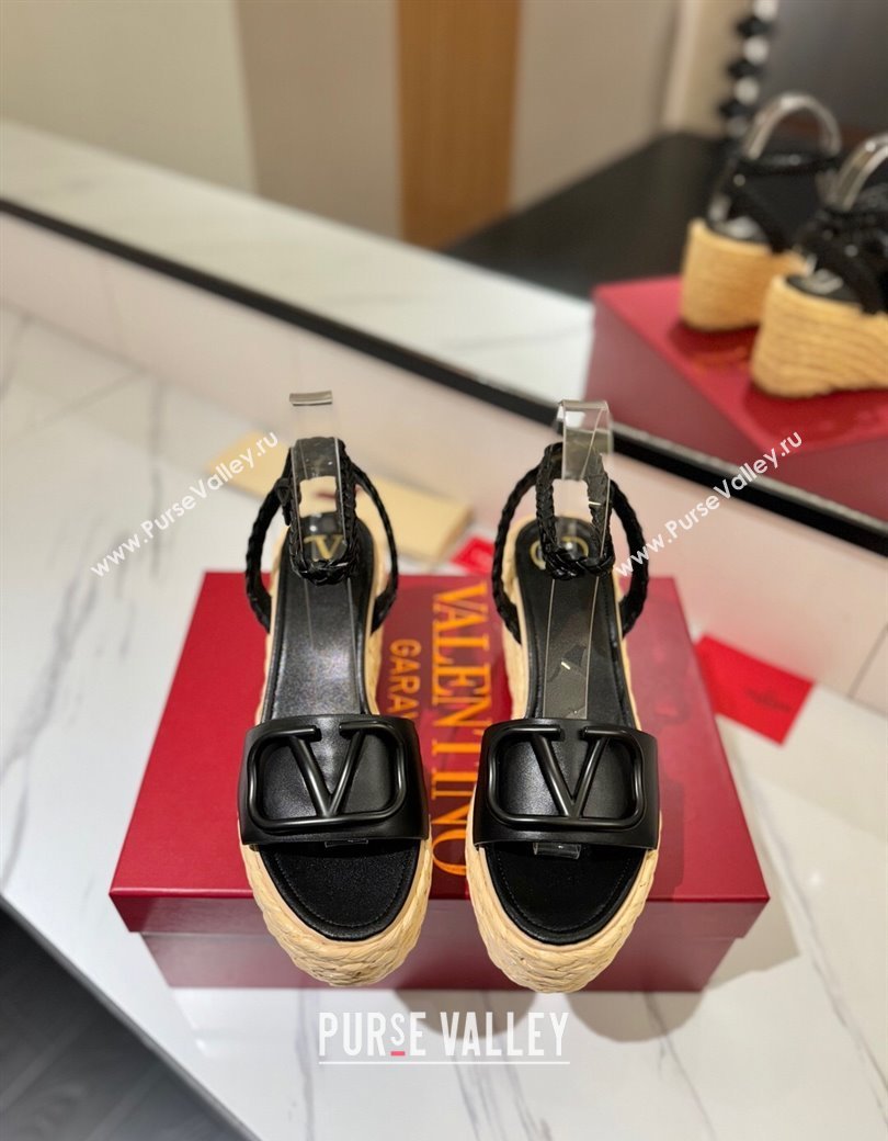 Valentino VLogo Calfskin Leather Wedge Sandals 9cm Black 2025 VA082113 (MD-250821133)