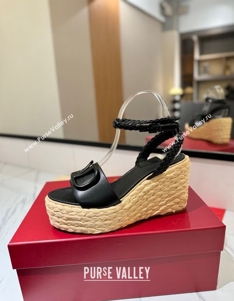 Valentino VLogo Calfskin Leather Wedge Sandals 9cm Black 2025 VA082113 (MD-250821133)